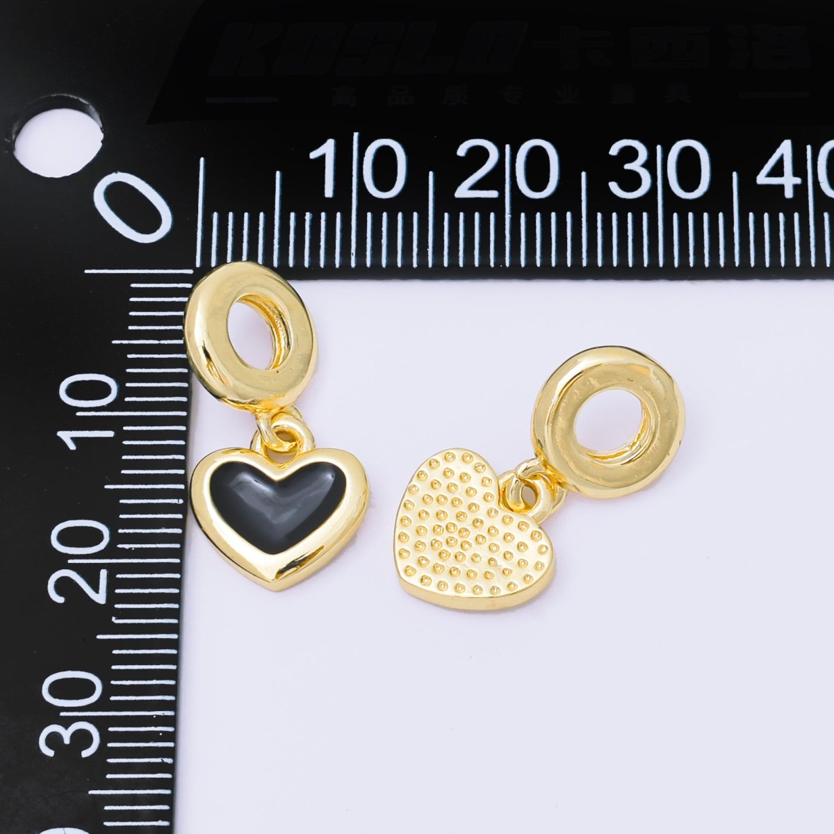 24K Gold Filled 11mm Black, White, Red Enamel Bezel Heart Drop Rondelle Charm | AC1630 AH636