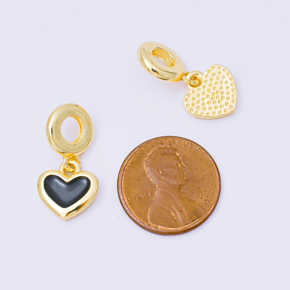 24K Gold Filled 11mm Black, White, Red Enamel Bezel Heart Drop Rondelle Charm | AC1630 AH636