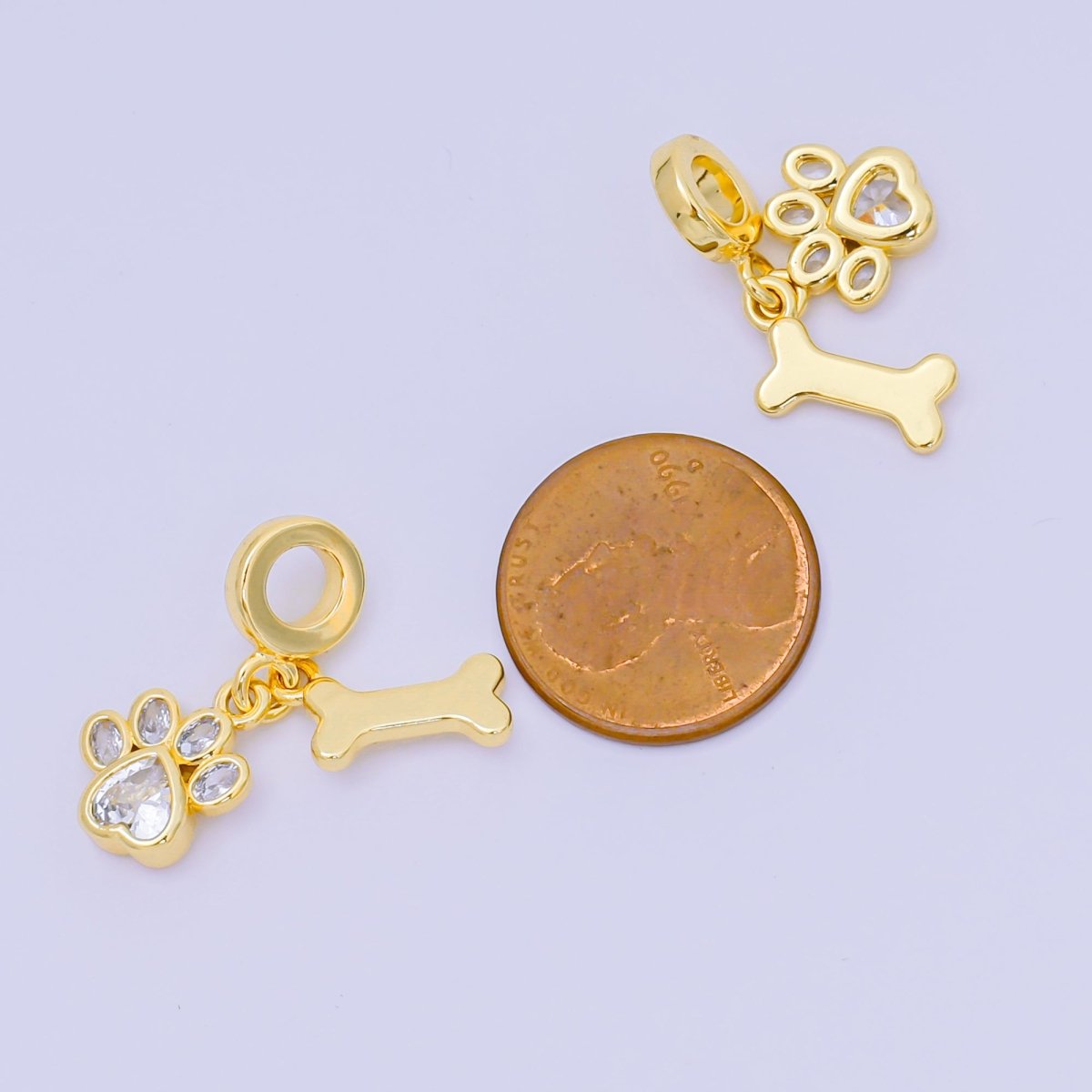 24K Gold Filled 12.5mm Oval &amp; Heart CZ Dog Pet Set Charm in Paw &amp; Bone | AH-648