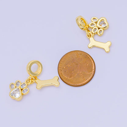 24K Gold Filled 12.5mm Oval &amp; Heart CZ Dog Pet Set Charm in Paw &amp; Bone | AH-648