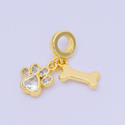 24K Gold Filled 12.5mm Oval &amp; Heart CZ Dog Pet Set Charm in Paw &amp; Bone | AH-648
