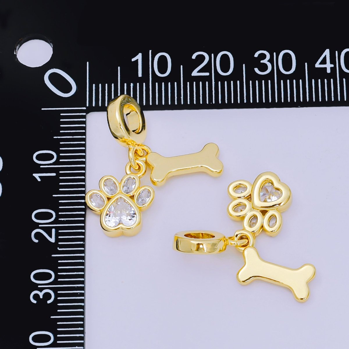 24K Gold Filled 12.5mm Oval &amp; Heart CZ Dog Pet Set Charm in Paw &amp; Bone | AH-648