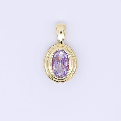 24K Gold Filled 12.5mm Pink, Purple, Clear, Orange CZ Bezel Outline Oval Pendant | AH479 AH480