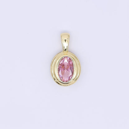 24K Gold Filled 12.5mm Pink, Purple, Clear, Orange CZ Bezel Outline Oval Pendant | AH479 AH480