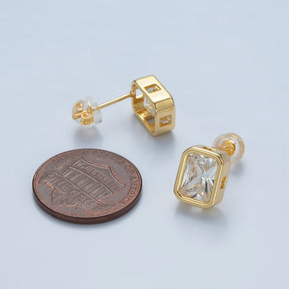 24K Gold Filled 12mm Clear CZ Baguette Edged Bezel Stud Earrings | AD671