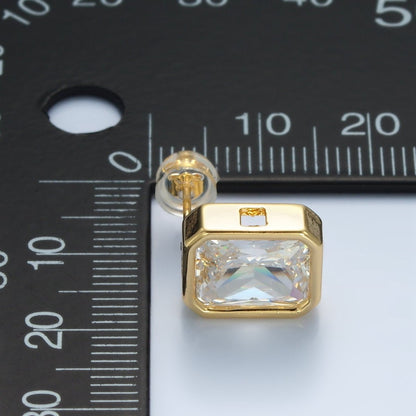 24K Gold Filled 12mm Clear CZ Baguette Edged Bezel Stud Earrings | AD671
