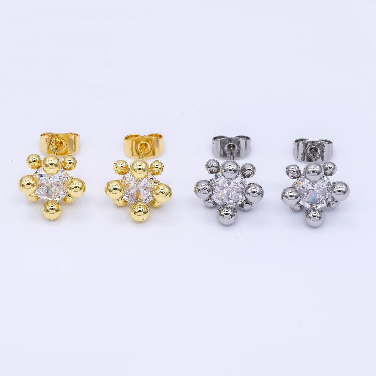 24K Gold Filled 12mm Clear CZ Round Bead Stud Earrings in Gold &amp; Silver | AI486 AI487