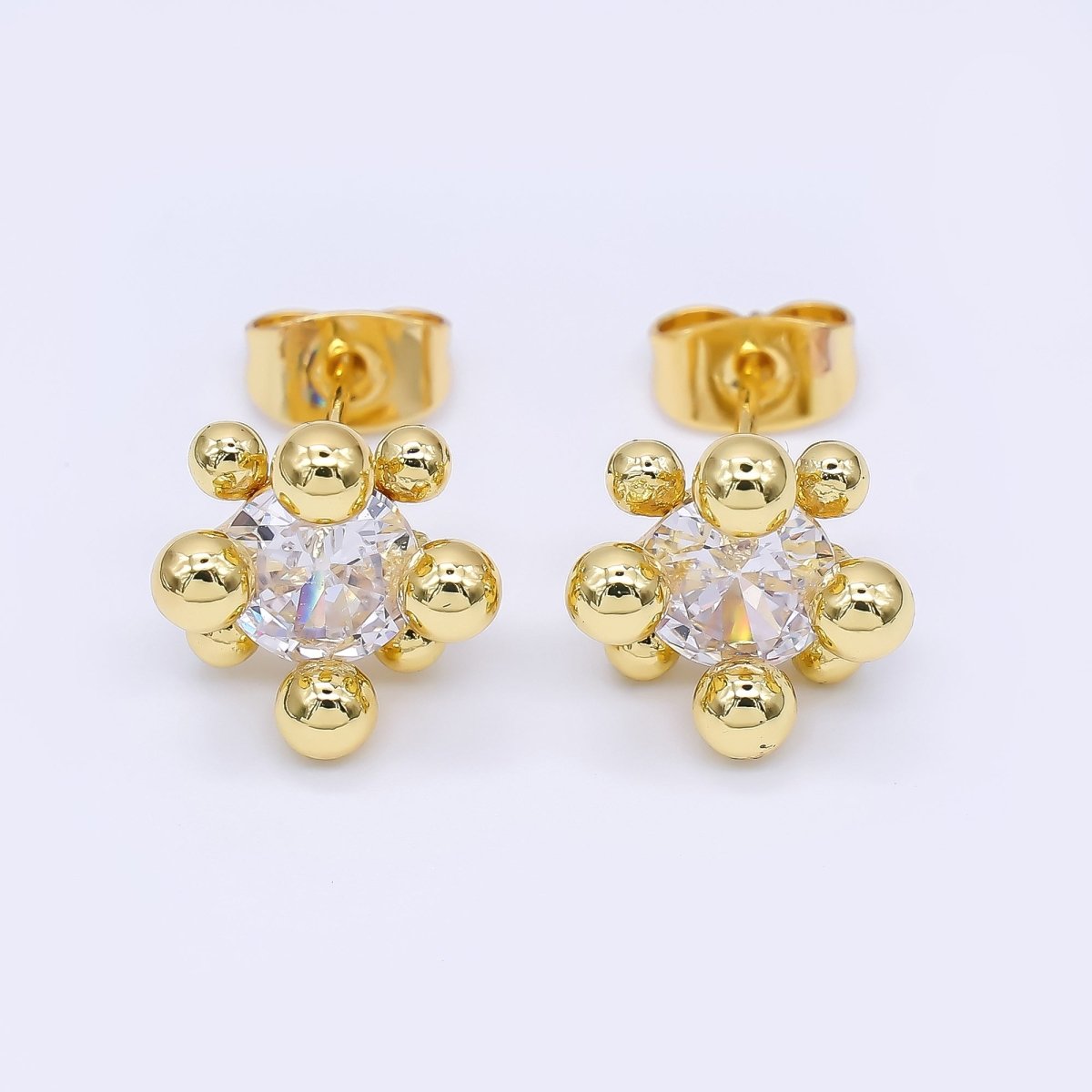 24K Gold Filled 12mm Clear CZ Round Bead Stud Earrings in Gold &amp; Silver | AI486 AI487