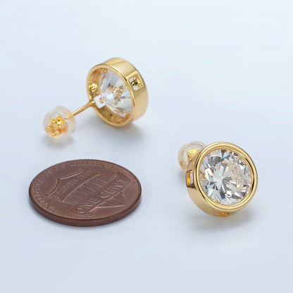 24K Gold Filled 12mm Clear CZ Round Bezel Stud Earrings | P532