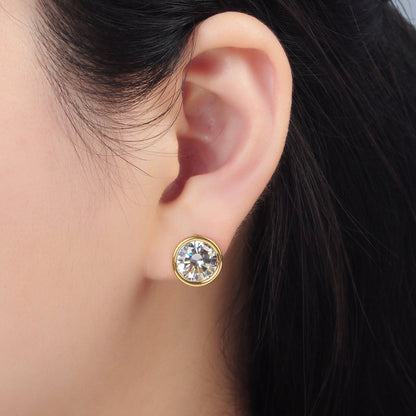 24K Gold Filled 12mm Clear CZ Round Bezel Stud Earrings | P532