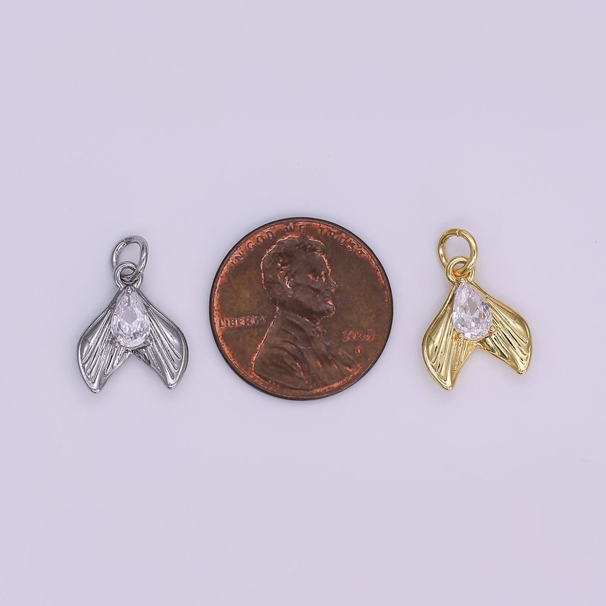 24K Gold Filled 13.5mm Clear CZ Teardrop Lined Fish Tail Charm in Gold &amp; Silver | N858
