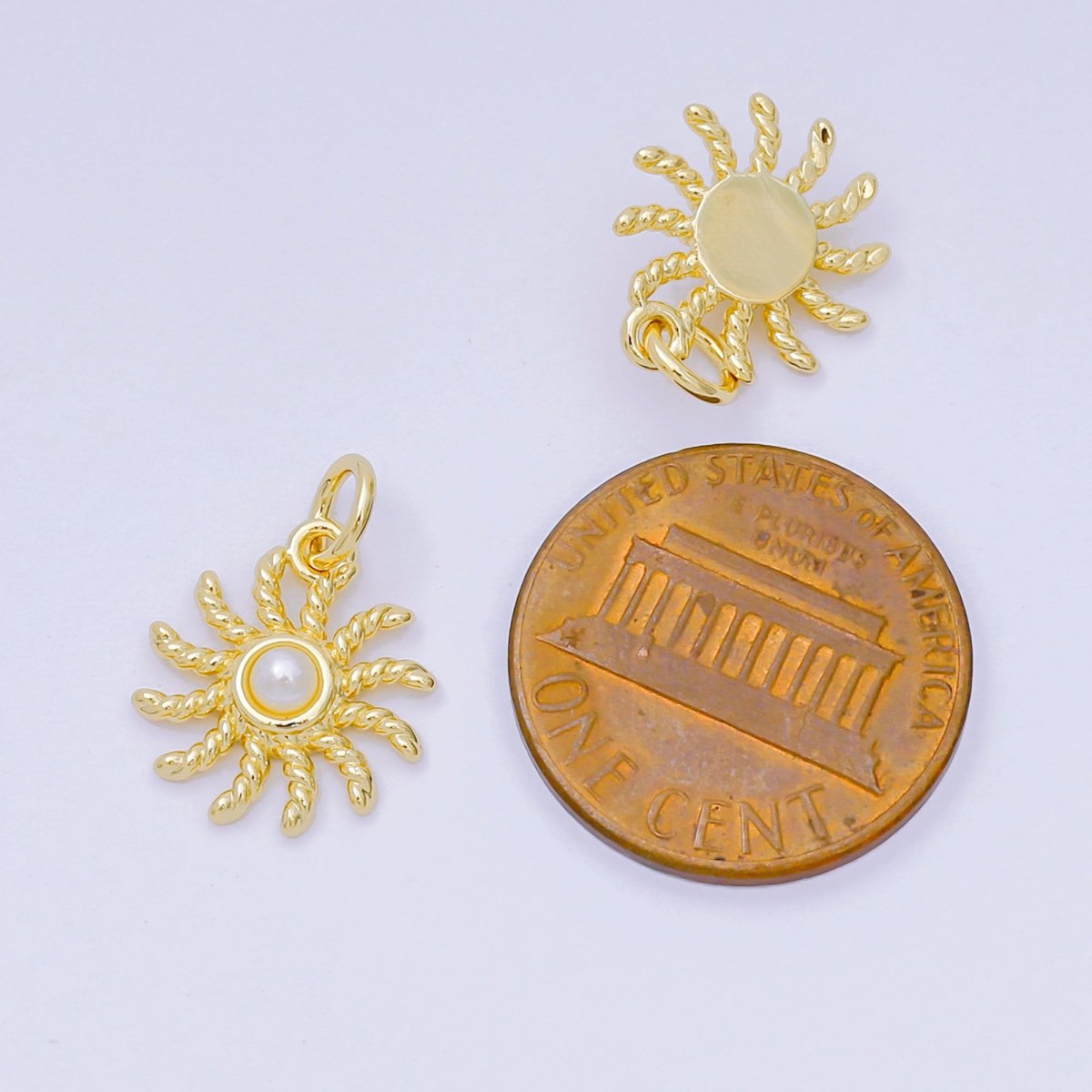 24K Gold Filled 13.5mm Shell Pearl Ribbed Celestial Sun Charm | D274