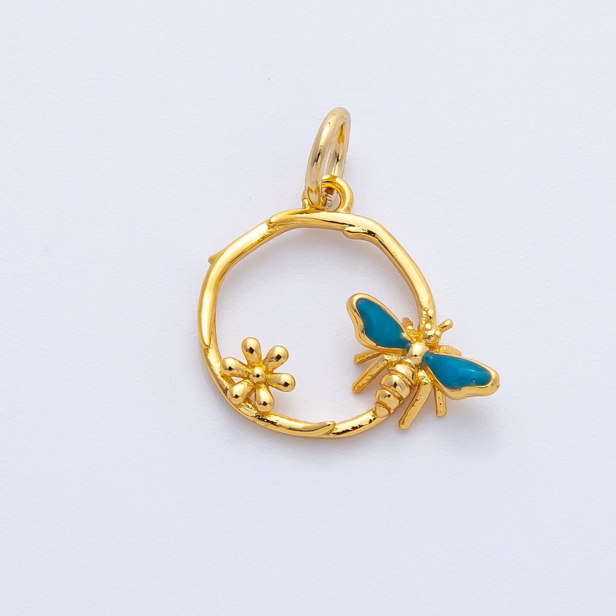 24K Gold Filled 13mm Bumble Bee Flower Open Round Charm | Charms-00402