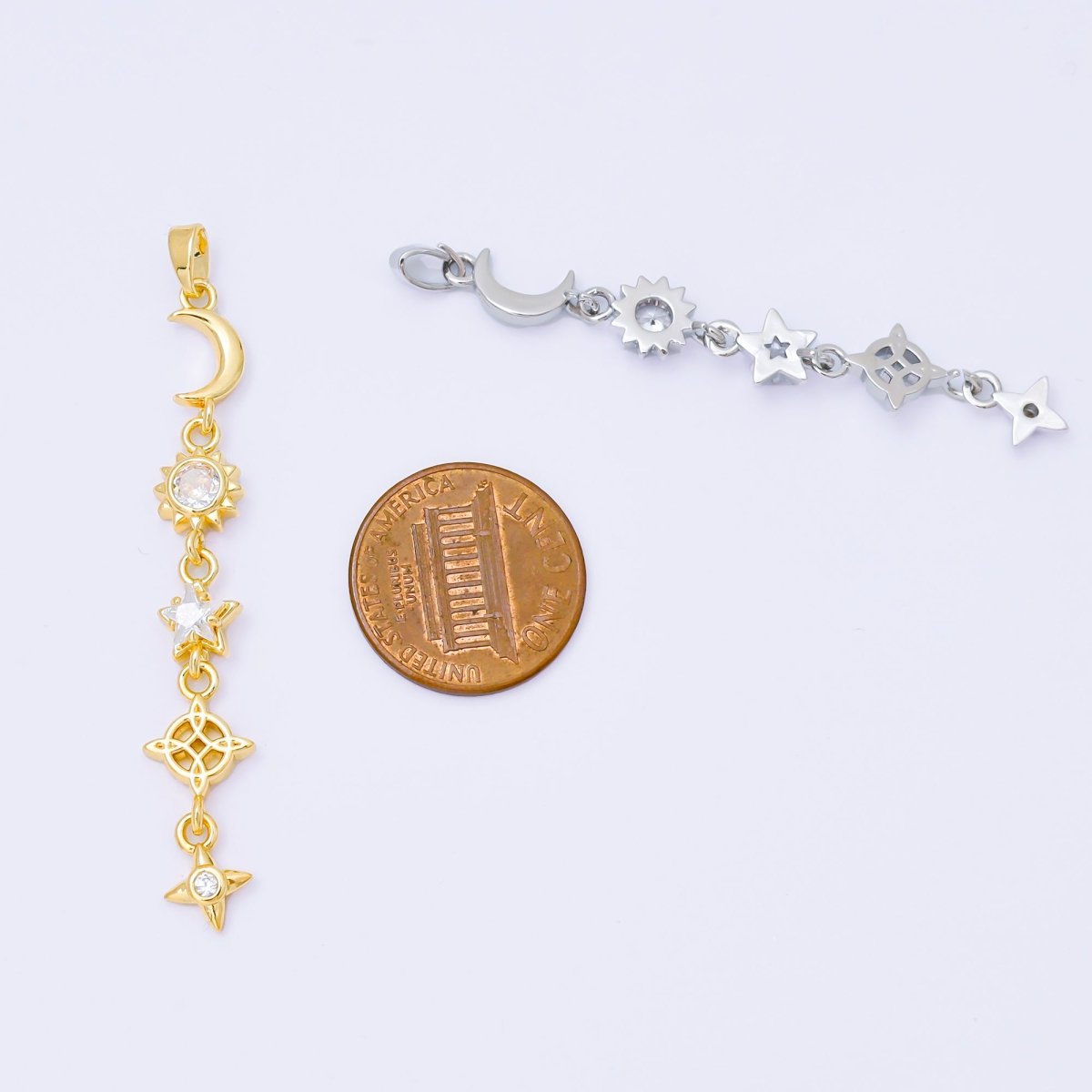 24K Gold Filled 13mm Clear CZ Celestial Sun Moon Star Pendant in Gold &amp; Silver Drod Lariat Charm | AA1627