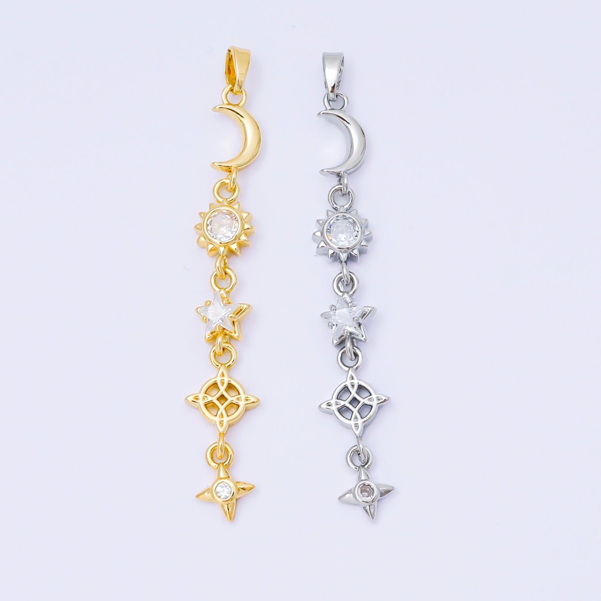 24K Gold Filled 13mm Clear CZ Celestial Sun Moon Star Pendant in Gold &amp; Silver Drod Lariat Charm | AA1627