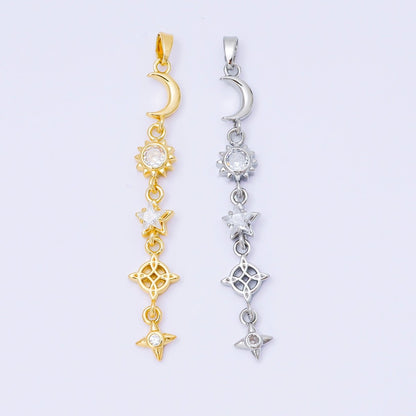 24K Gold Filled 13mm Clear CZ Celestial Sun Moon Star Pendant in Gold &amp; Silver Drod Lariat Charm | AA1627