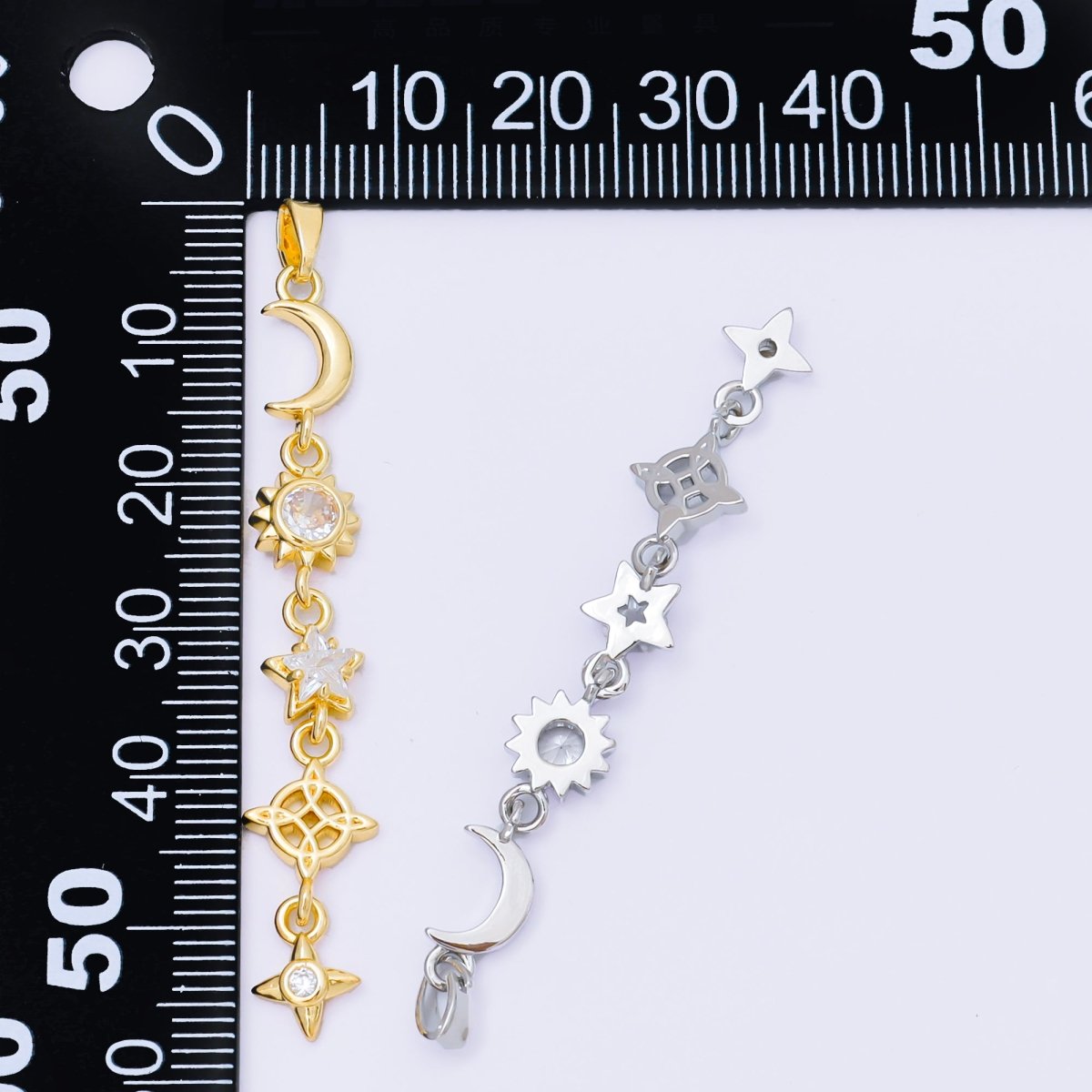 24K Gold Filled 13mm Clear CZ Celestial Sun Moon Star Pendant in Gold &amp; Silver Drod Lariat Charm | AA1627