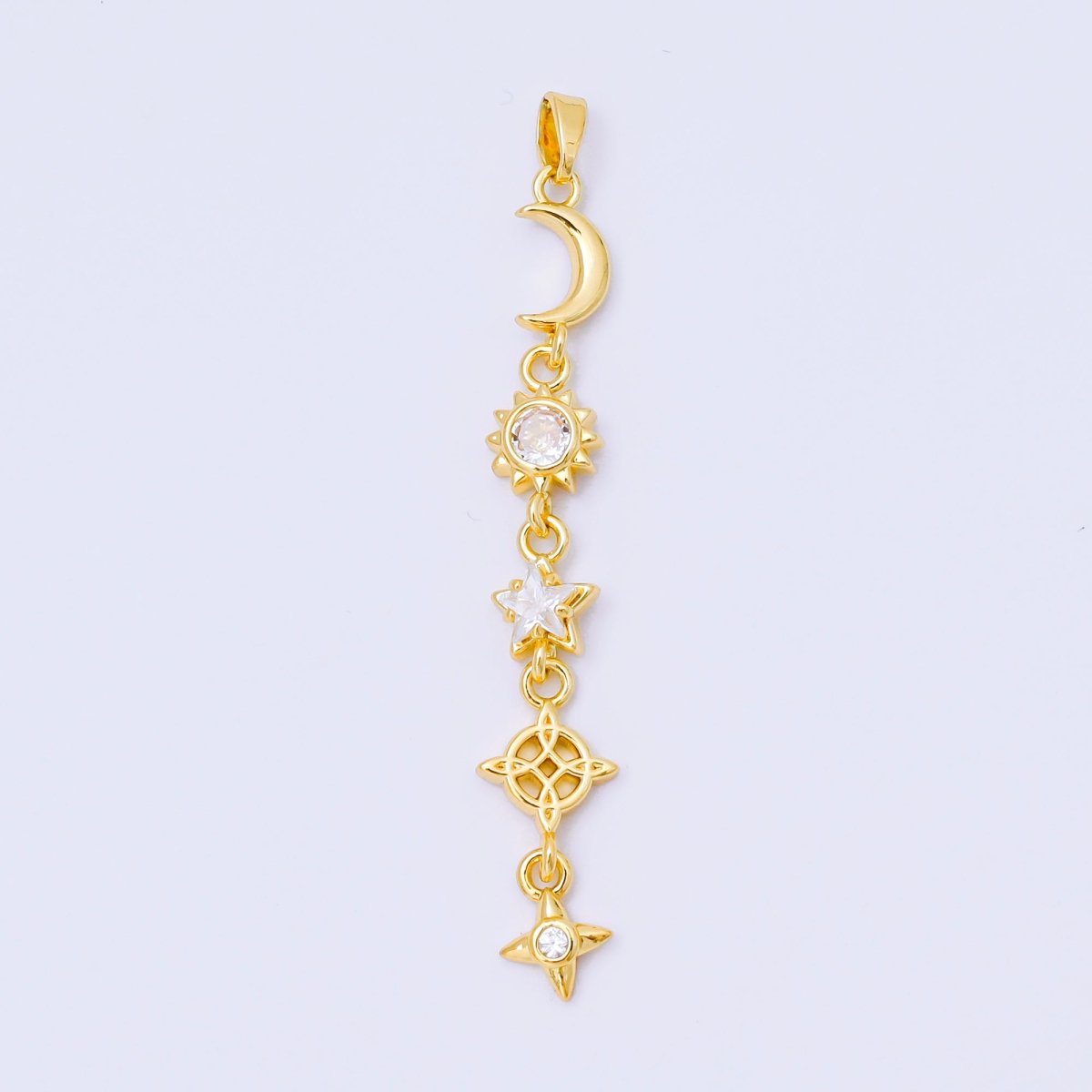24K Gold Filled 13mm Clear CZ Celestial Sun Moon Star Pendant in Gold &amp; Silver Drod Lariat Charm | AA1627