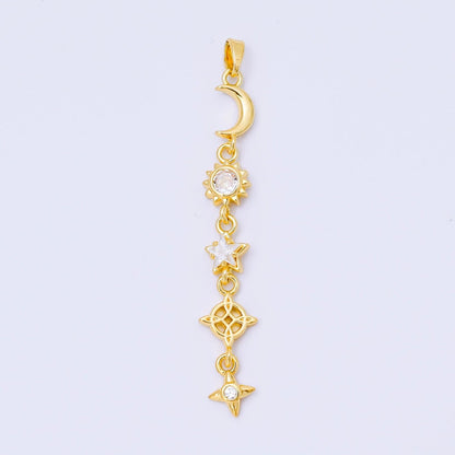 24K Gold Filled 13mm Clear CZ Celestial Sun Moon Star Pendant in Gold &amp; Silver Drod Lariat Charm | AA1627