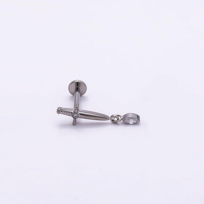 Titanium 13mm Dagger Knife CZ Drop Cartilage Piercing Flat Back Stud in Gold &amp; Silver | BJ-00067 BJ-00068