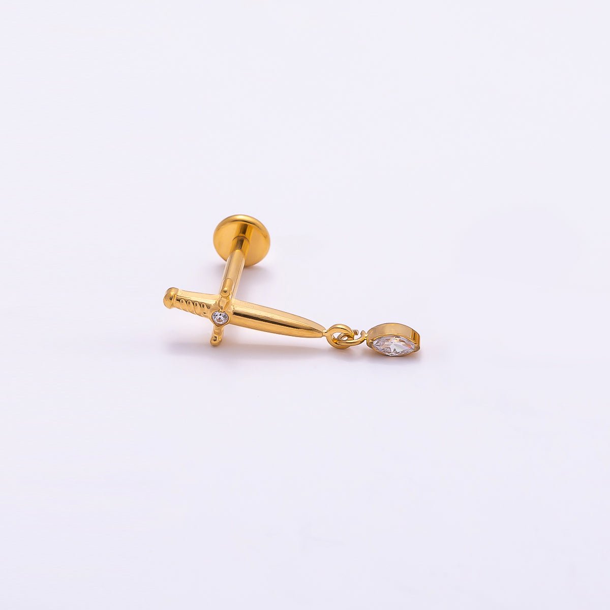 Titanium 13mm Dagger Knife CZ Drop Cartilage Piercing Flat Back Stud in Gold &amp; Silver | BJ-00067 BJ-00068