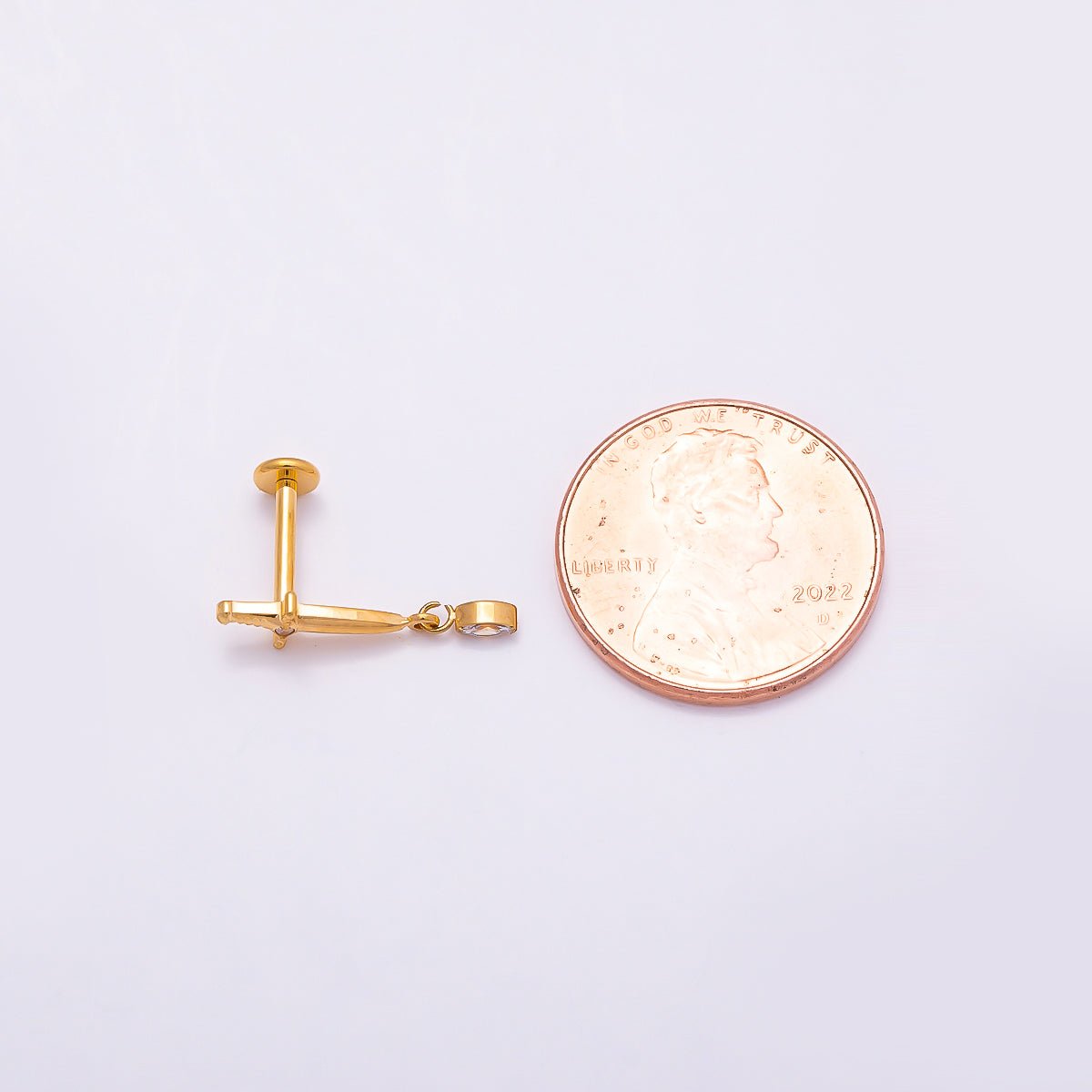 Titanium 13mm Dagger Knife CZ Drop Cartilage Piercing Flat Back Stud in Gold &amp; Silver | BJ-00067 BJ-00068