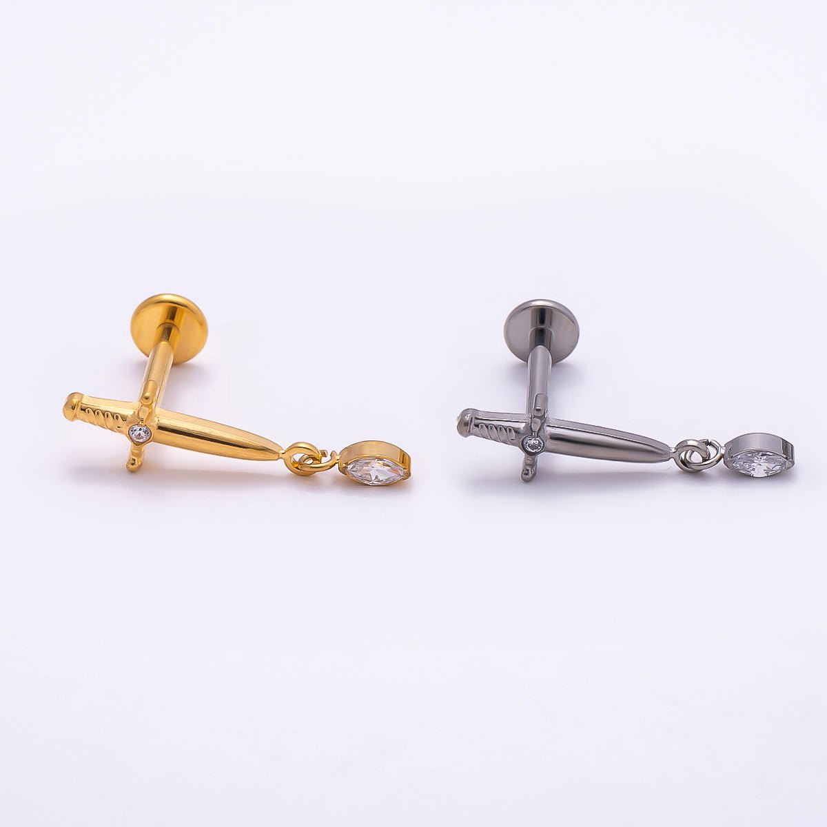 Titanium 13mm Dagger Knife CZ Drop Cartilage Piercing Flat Back Stud in Gold &amp; Silver | BJ-00067 BJ-00068