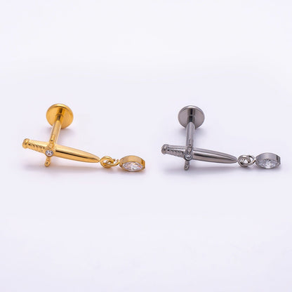 Titanium 13mm Dagger Knife CZ Drop Cartilage Piercing Flat Back Stud in Gold &amp; Silver | BJ-00067 BJ-00068