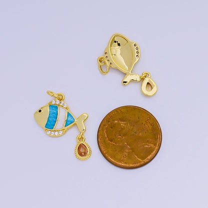 24K Gold Filled 13mm Enamel Micro Paved CZ Blue Clown Fish Charm | AJ393