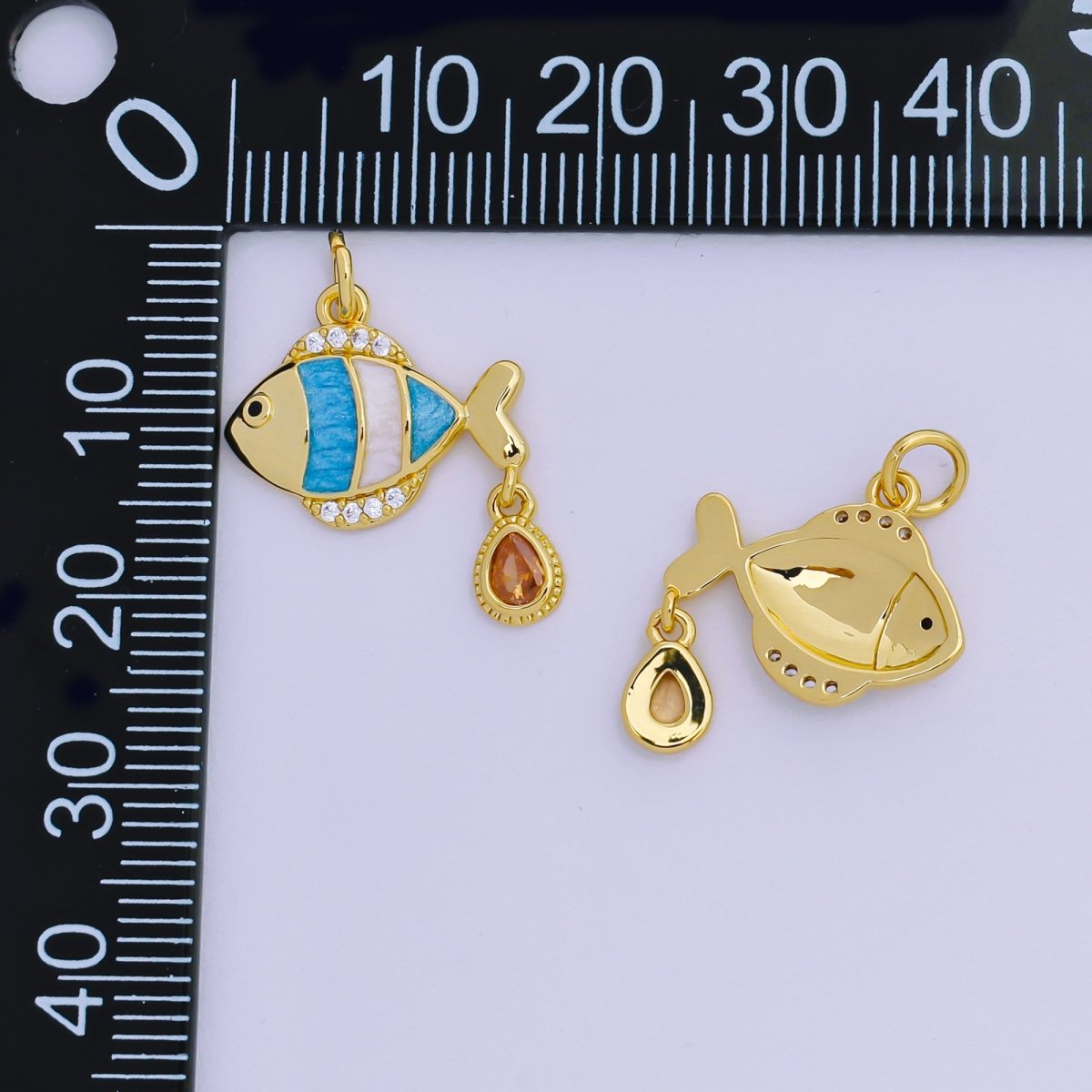 24K Gold Filled 13mm Enamel Micro Paved CZ Blue Clown Fish Charm | AJ393