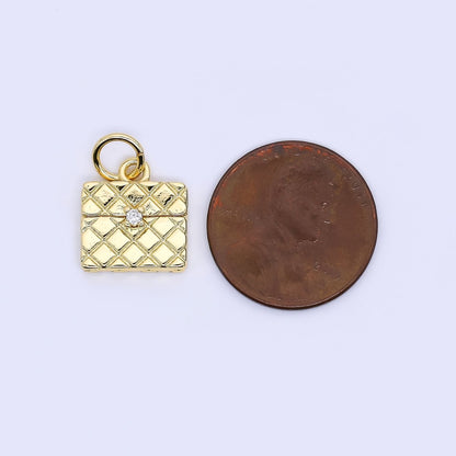 24K Gold Filled 13mm Micro Paved CZ Mini Quilted Purse Bag Charm | W641