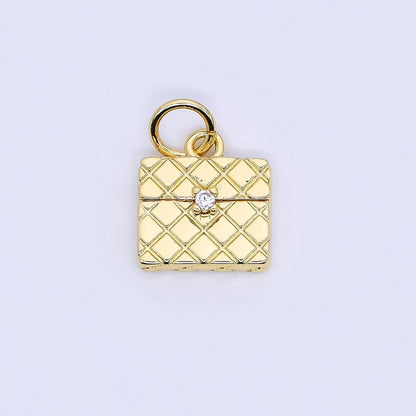 24K Gold Filled 13mm Micro Paved CZ Mini Quilted Purse Bag Charm | W641