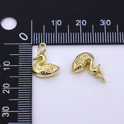 24K Gold Filled 13mm Patterned Duck Swan Animal Charm | D-519