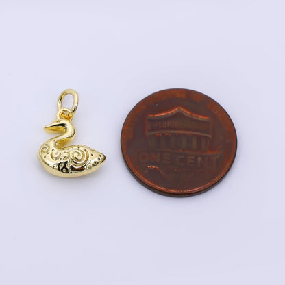 24K Gold Filled 13mm Patterned Duck Swan Animal Charm | D-519