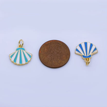 24K Gold Filled 14mm Blue, Purple, Pink, Light Blue Striped Enamel Sea Shell Charm | AJ429 - AJ430