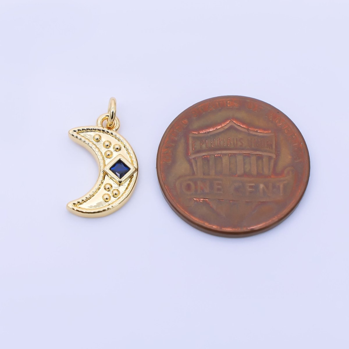 24K Gold Filled 14mm Blue Square CZ Celestial Crescent Moon Charm | AC01609