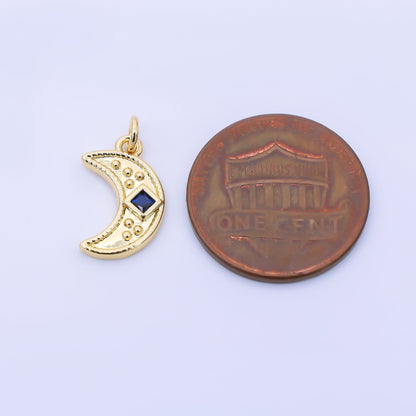 24K Gold Filled 14mm Blue Square CZ Celestial Crescent Moon Charm | AC01609