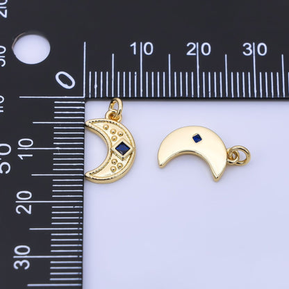 24K Gold Filled 14mm Blue Square CZ Celestial Crescent Moon Charm | AC01609