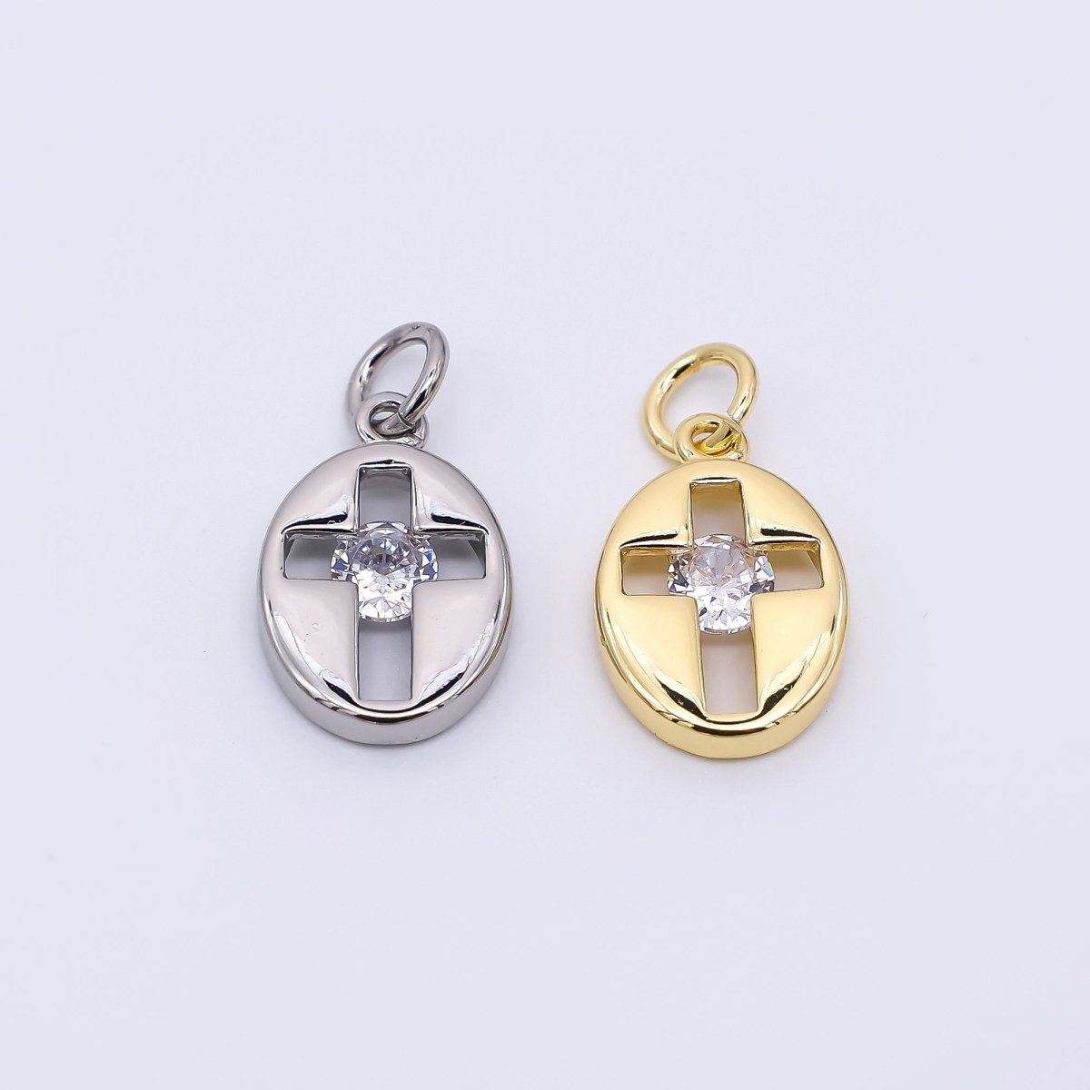 24K Gold Filled 14mm Clear CZ Open Religious Cross Oval Charm in Gold &amp; Silver | AC01598