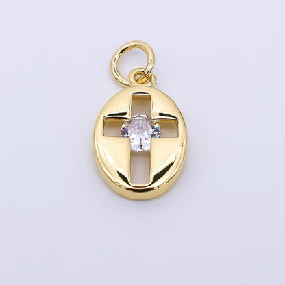 24K Gold Filled 14mm Clear CZ Open Religious Cross Oval Charm in Gold &amp; Silver | AC01598