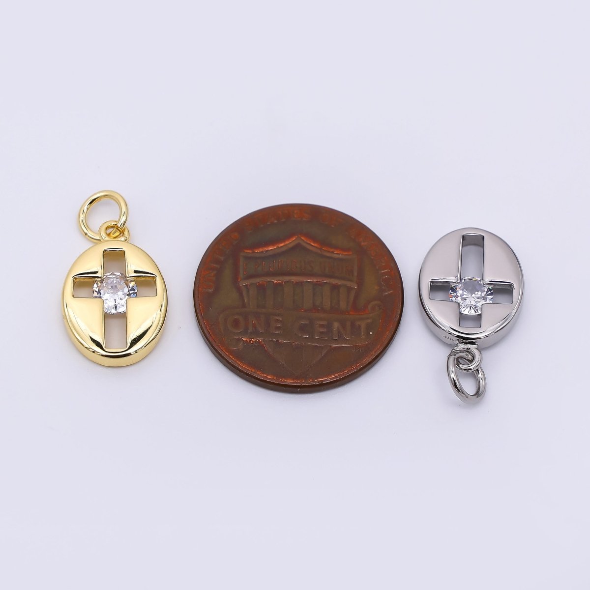 24K Gold Filled 14mm Clear CZ Open Religious Cross Oval Charm in Gold &amp; Silver | AC01598