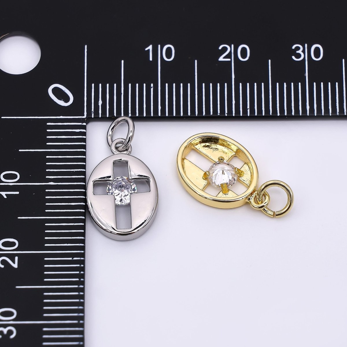 24K Gold Filled 14mm Clear CZ Open Religious Cross Oval Charm in Gold &amp; Silver | AC01598