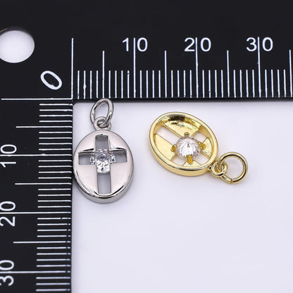 24K Gold Filled 14mm Clear CZ Open Religious Cross Oval Charm in Gold &amp; Silver | AC01598