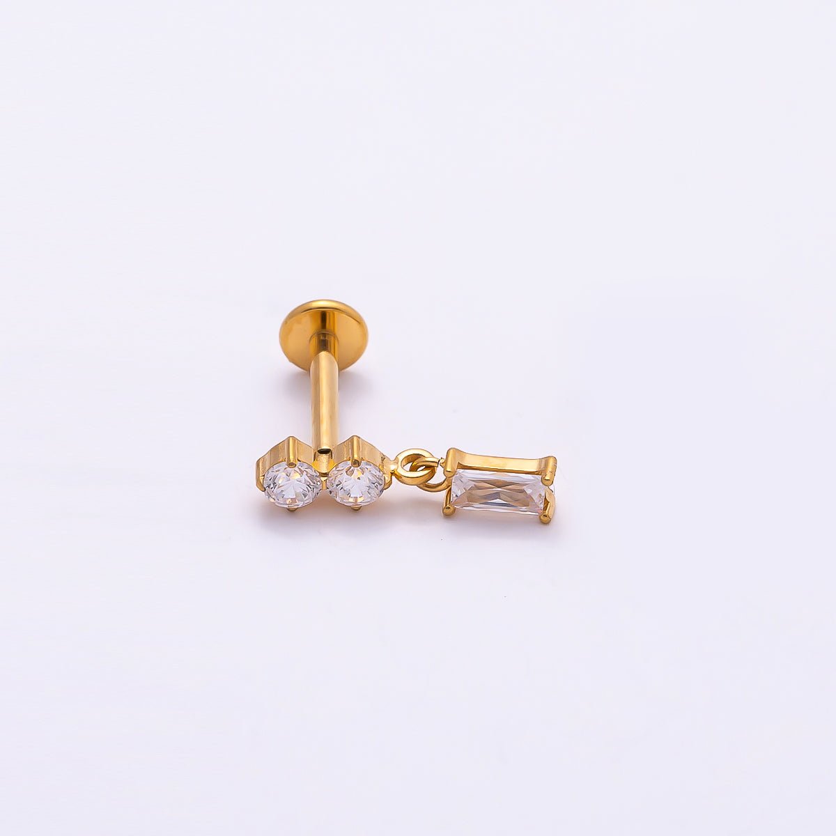 Titanium 14mm Clear CZ Round Baguette Drop Single Cartilage Piercing Flat Back Stud in Gold &amp; Silver | BJ-00061 BJ-00062