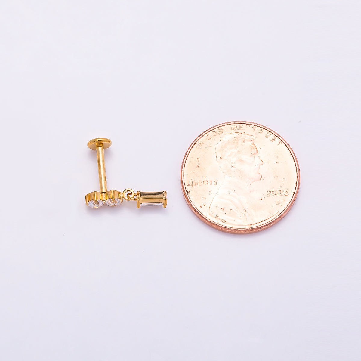 Titanium 14mm Clear CZ Round Baguette Drop Single Cartilage Piercing Flat Back Stud in Gold &amp; Silver | BJ-00061 BJ-00062