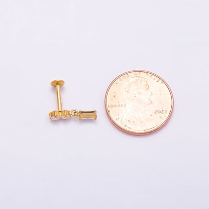Titanium 14mm Clear CZ Round Baguette Drop Single Cartilage Piercing Flat Back Stud in Gold &amp; Silver | BJ-00061 BJ-00062