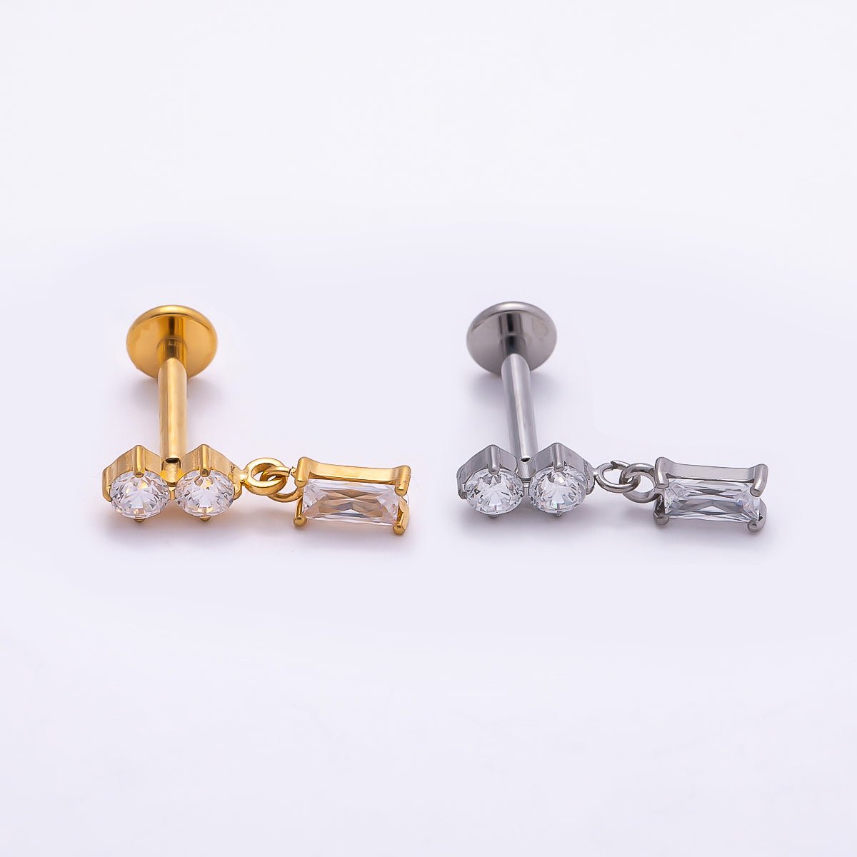 Titanium 14mm Clear CZ Round Baguette Drop Single Cartilage Piercing Flat Back Stud in Gold &amp; Silver | BJ-00061 BJ-00062