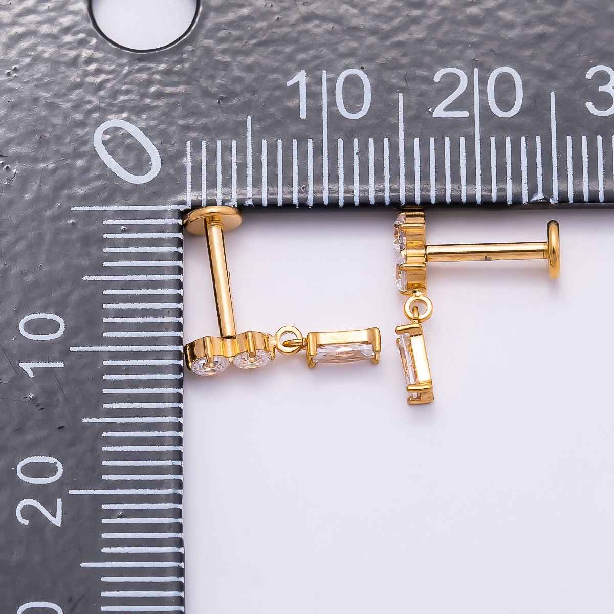 Titanium 14mm Clear CZ Round Baguette Drop Single Cartilage Piercing Flat Back Stud in Gold &amp; Silver | BJ-00061 BJ-00062