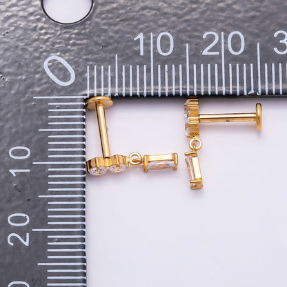 Titanium 14mm Clear CZ Round Baguette Drop Single Cartilage Piercing Flat Back Stud in Gold &amp; Silver | BJ-00061 BJ-00062