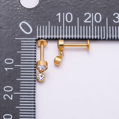 Titanium 14mm Clear CZ Round Drop Cartilage Piercing Flat Back Stud in Gold &amp; Silver | BJ-00063 BJ-00064